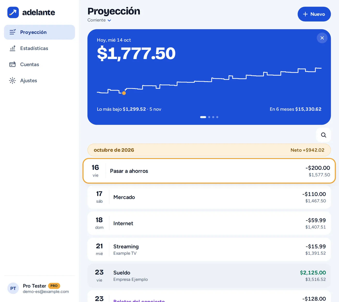 La proyección de Adelante en un navegador, en un computador