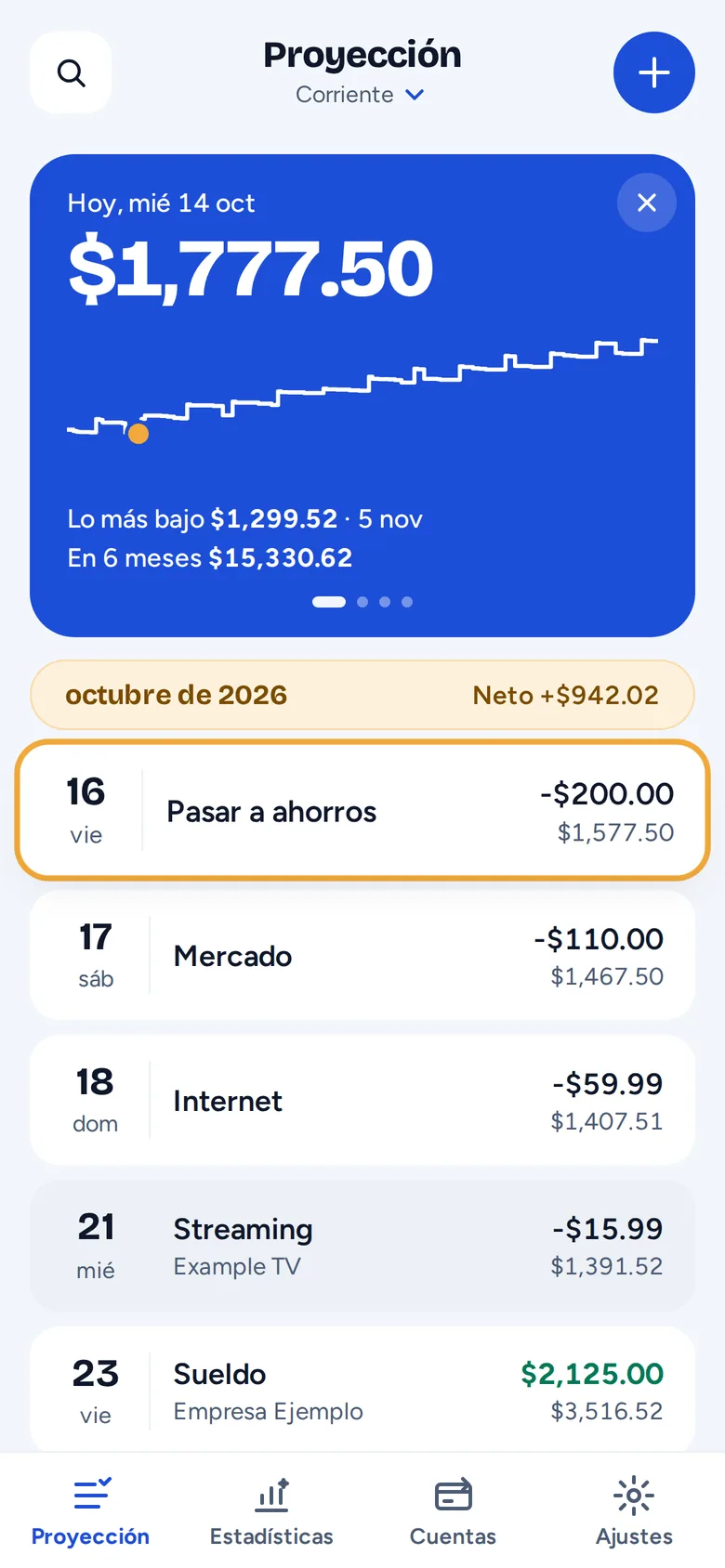 La proyección de Adelante en un teléfono: el saldo de hoy, hacia dónde va y los próximos días